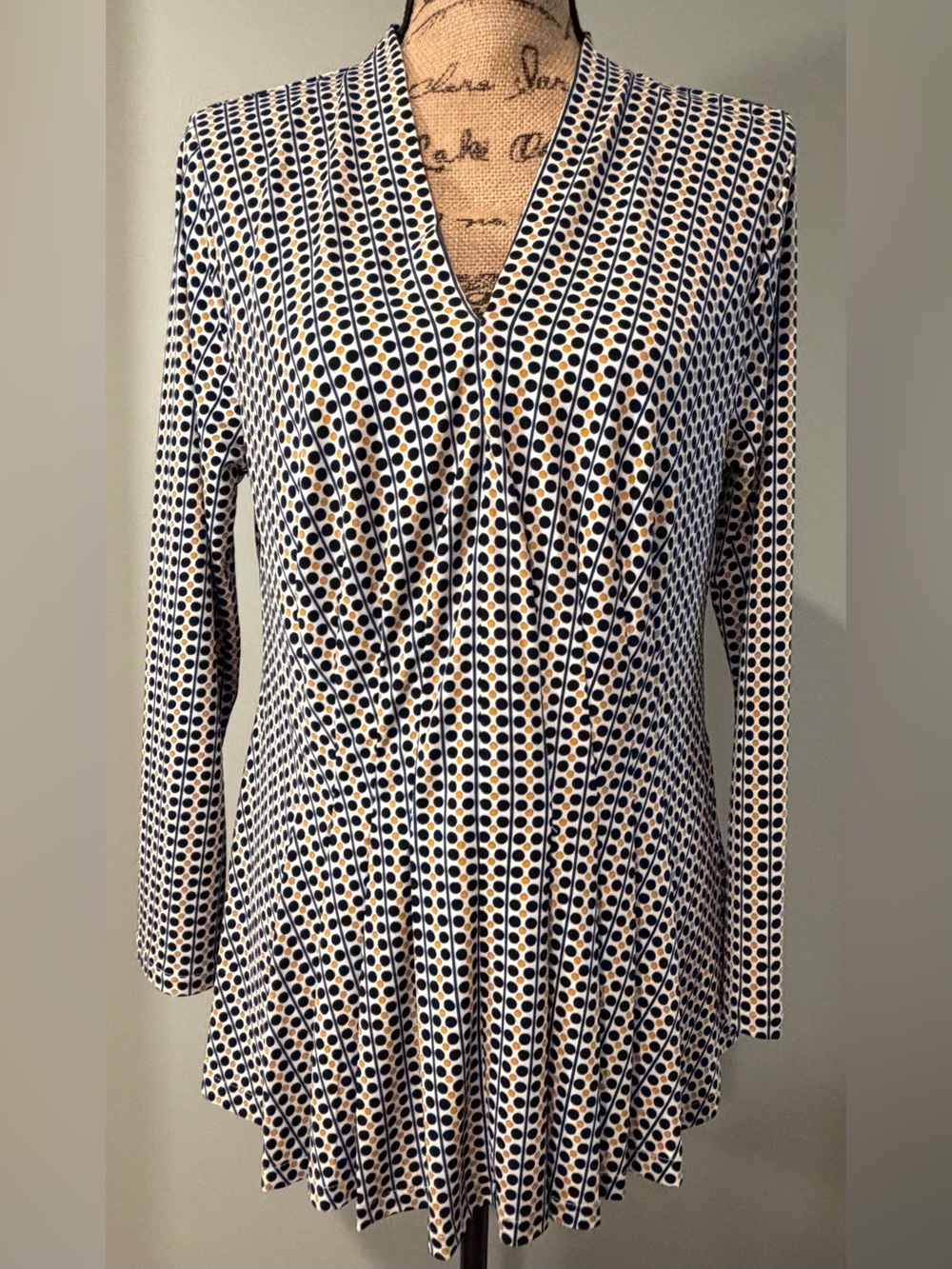 Ann Taylor Factory Navy and Gold Polka Dot Long Sleeve Blouse, Large